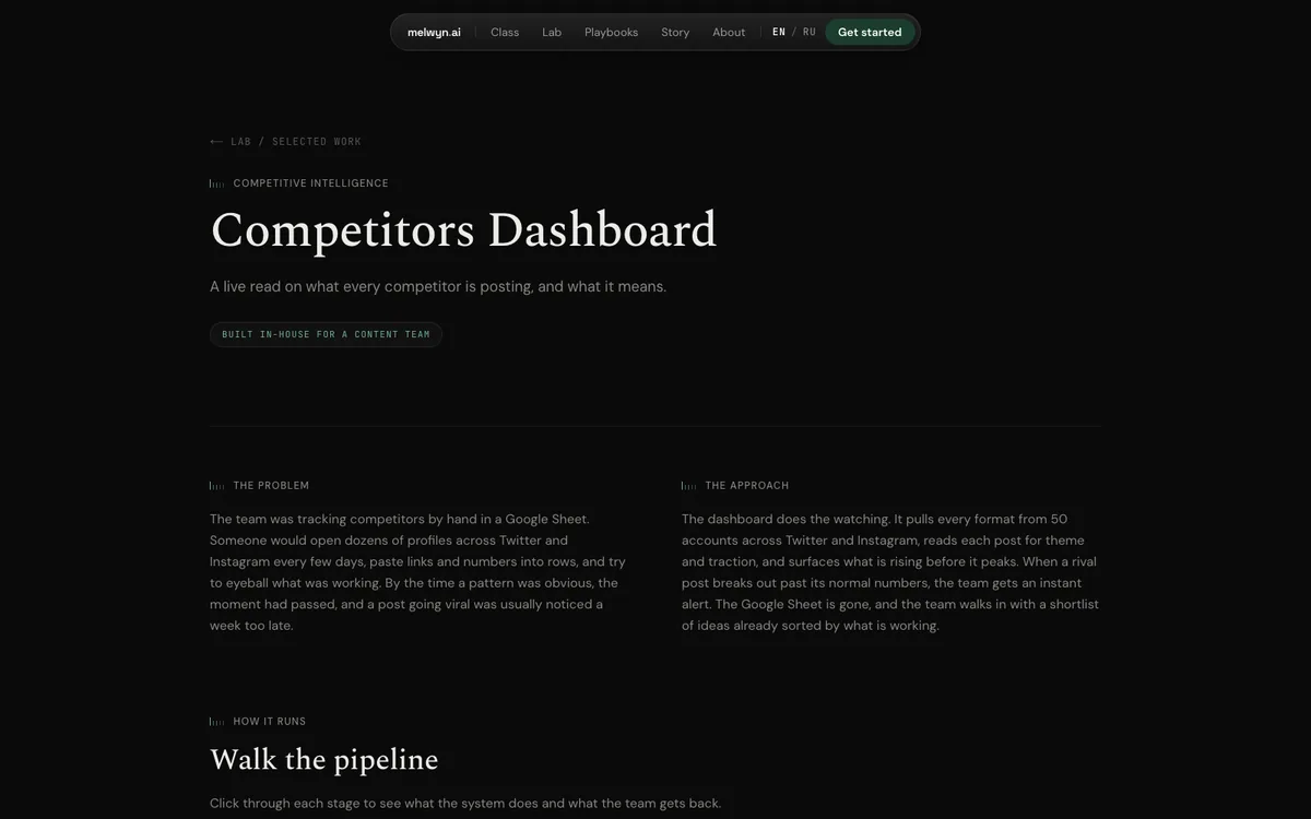 The Competitors Dashboard pipeline walkthrough: stage one, watch every account, all the time.